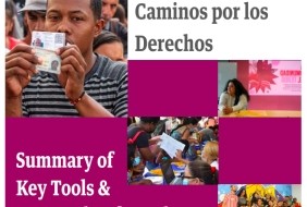 Report cover image that reads: Conectando Caminos por los Derechos: Summary of key tools & approaches from the Venezuelan human rights and migration activity in Colombia".