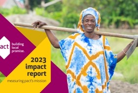A woman stands outside with a garden tool over her shoulders. The report cover reads "2023 impact report: measuring pact's mission".