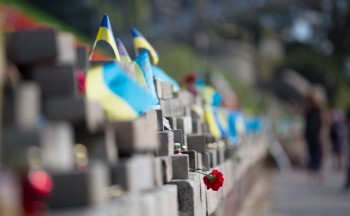 Ukraine flags flying. 